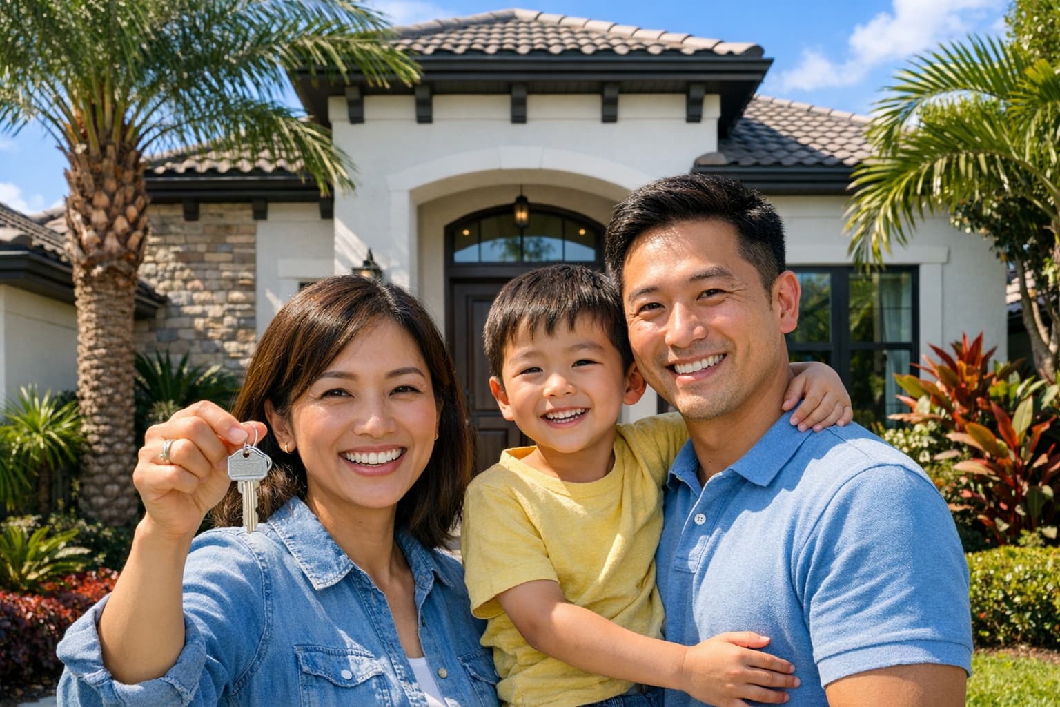 Asian family at the front door of their new Tampa home with keys