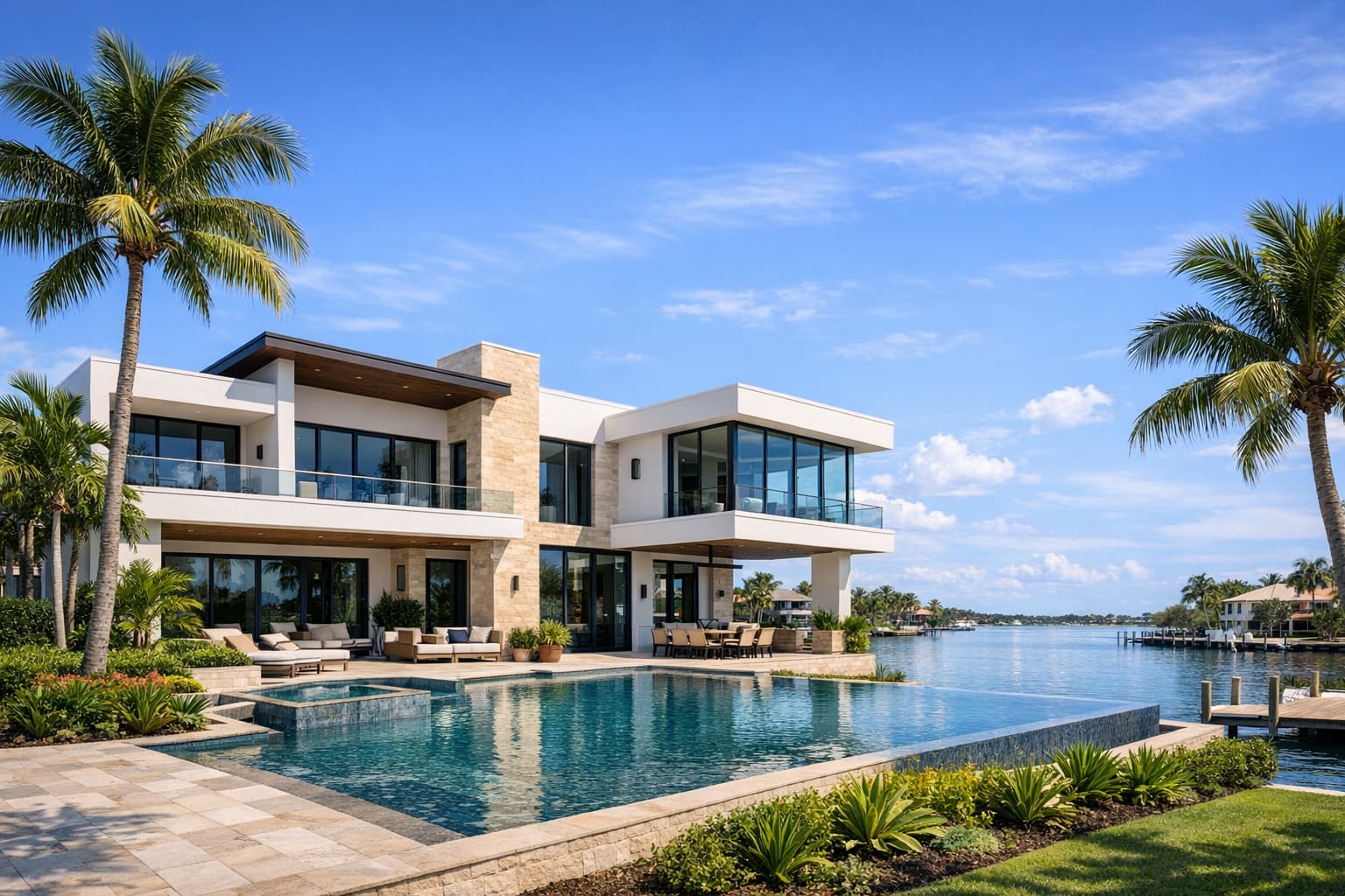 Luxury Tampa waterfront home with bright blue sky and contemporary architecture