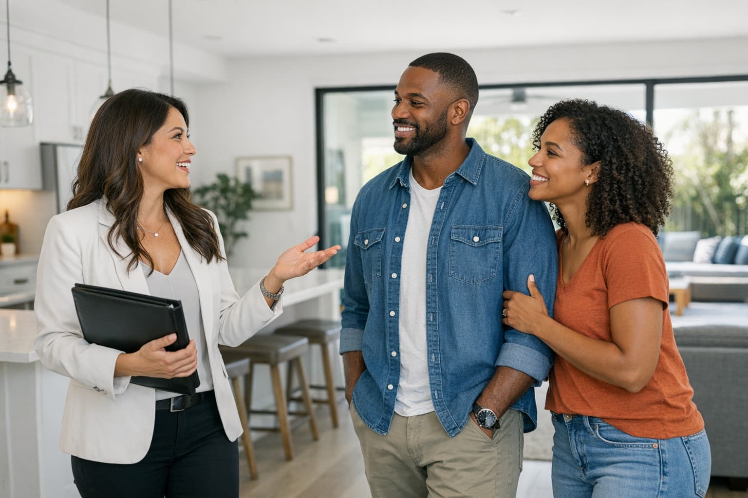 Latina real estate agent showing home to Black couple during property tour