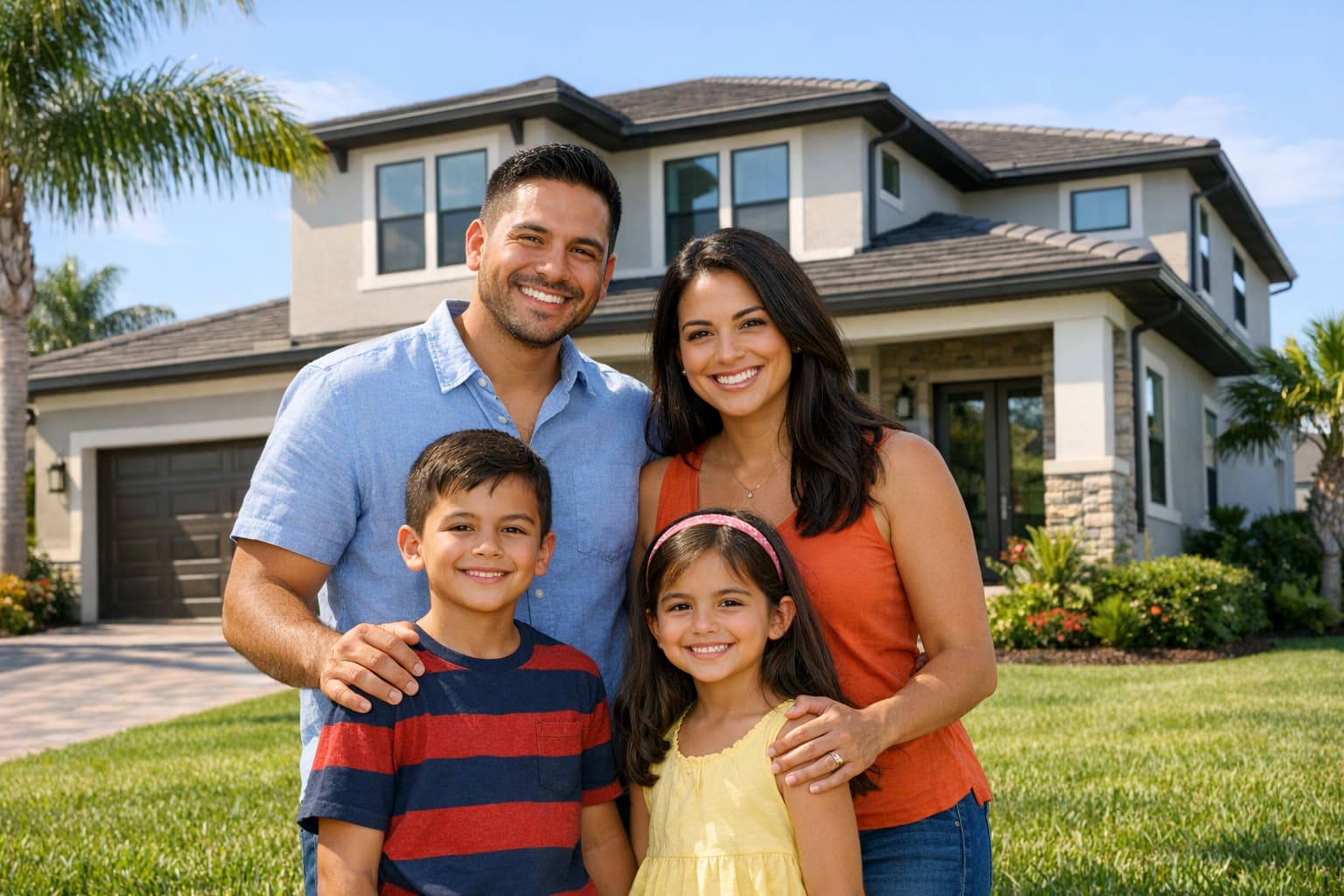 Hispanic Latino family in front of their new home in Tampa ready to move forward