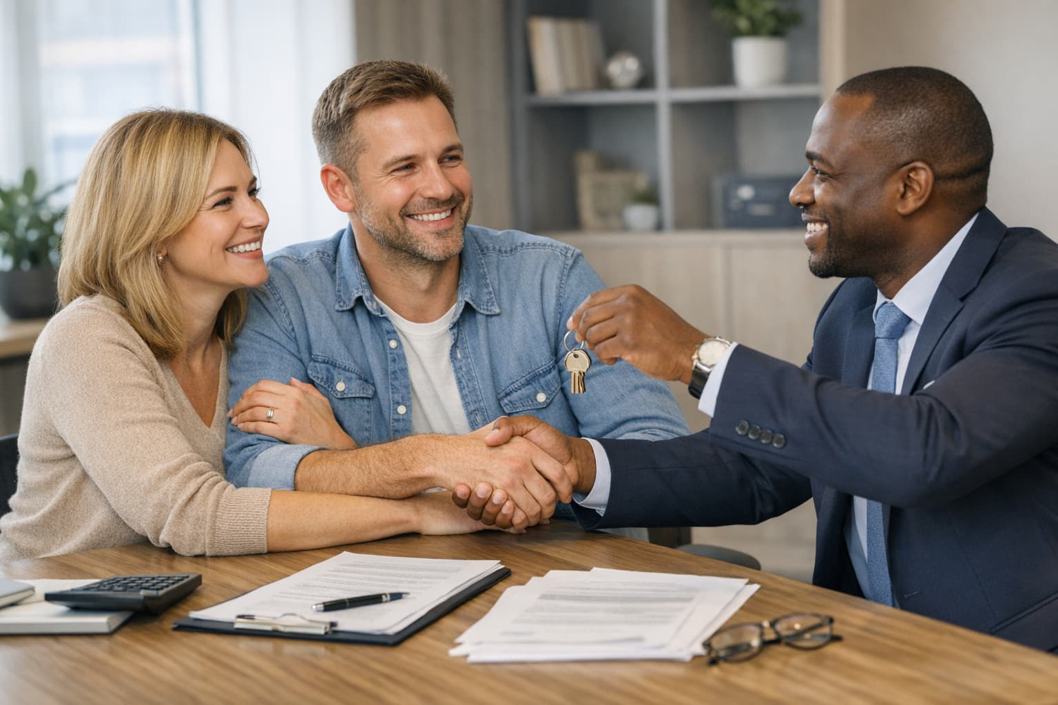 White couple receiving keys from Black real estate agent at closing