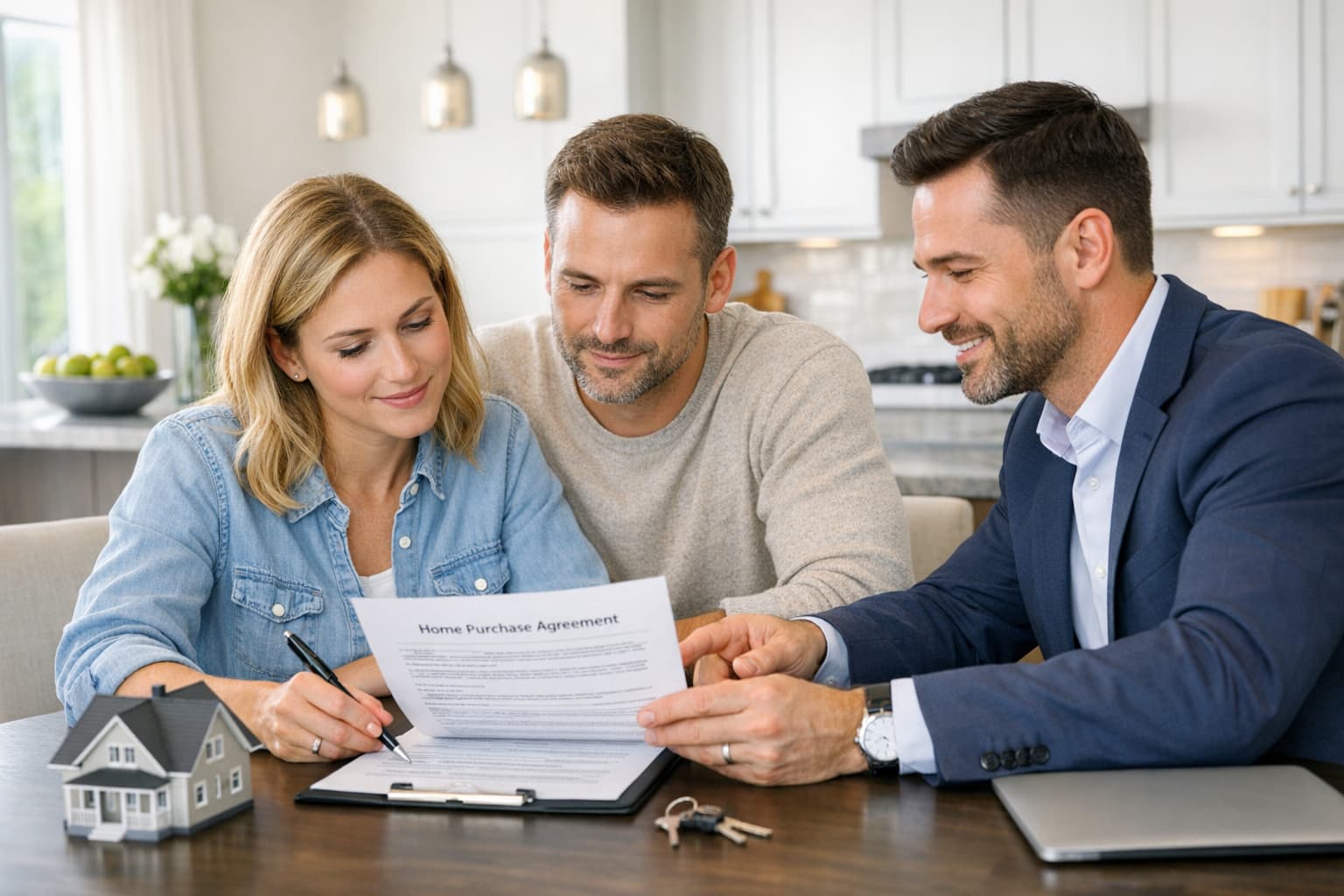 White couple reviewing home sale documents with agent at closing