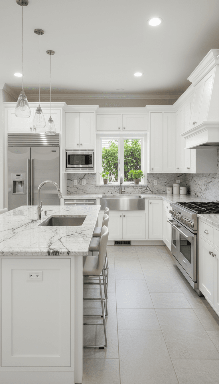 Upscale kitchen with white cabinetry, granite countertop, and stainless steel appliances