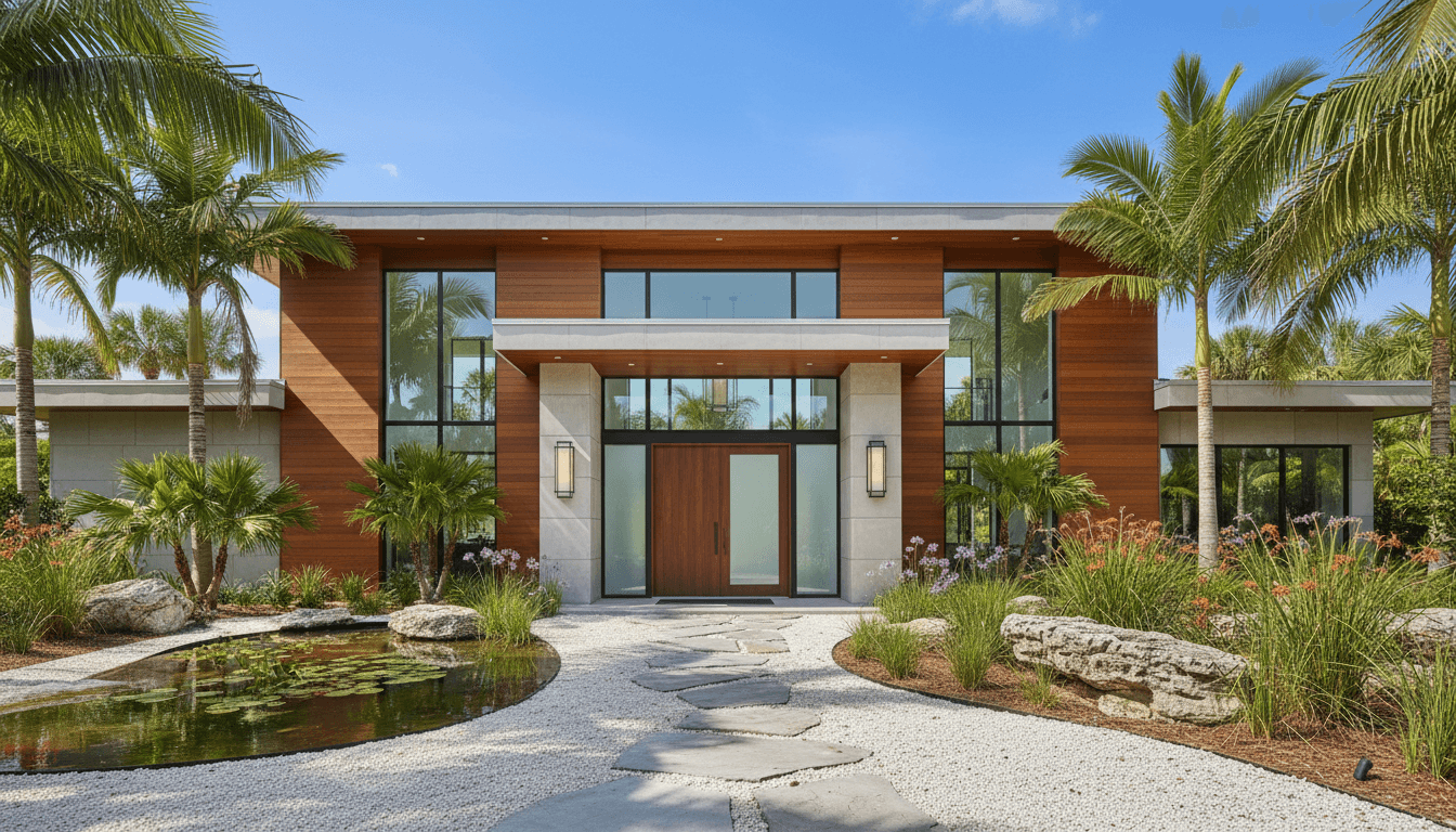 Modern luxury home in Tampa with professional landscaping and warm welcoming entrance
