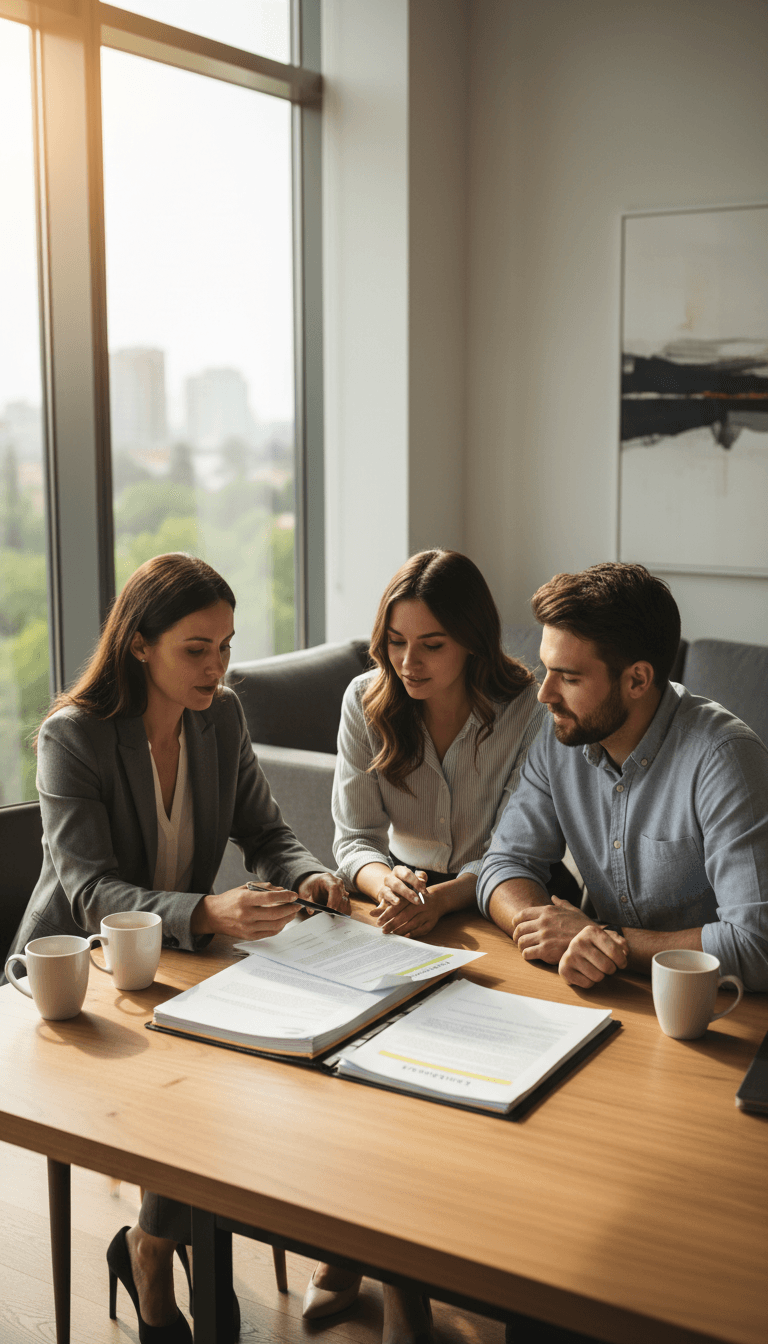 Real estate agent discussing documents with clients
