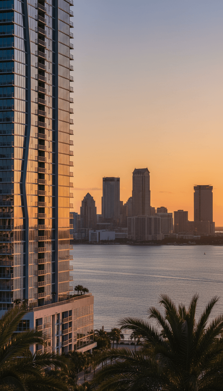 Modern luxury high-rise residential building in Tampa with waterfront views