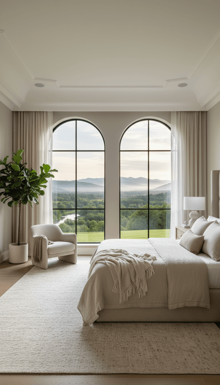 Elegant master bedroom with neutral bedding and large windows overlooking landscape