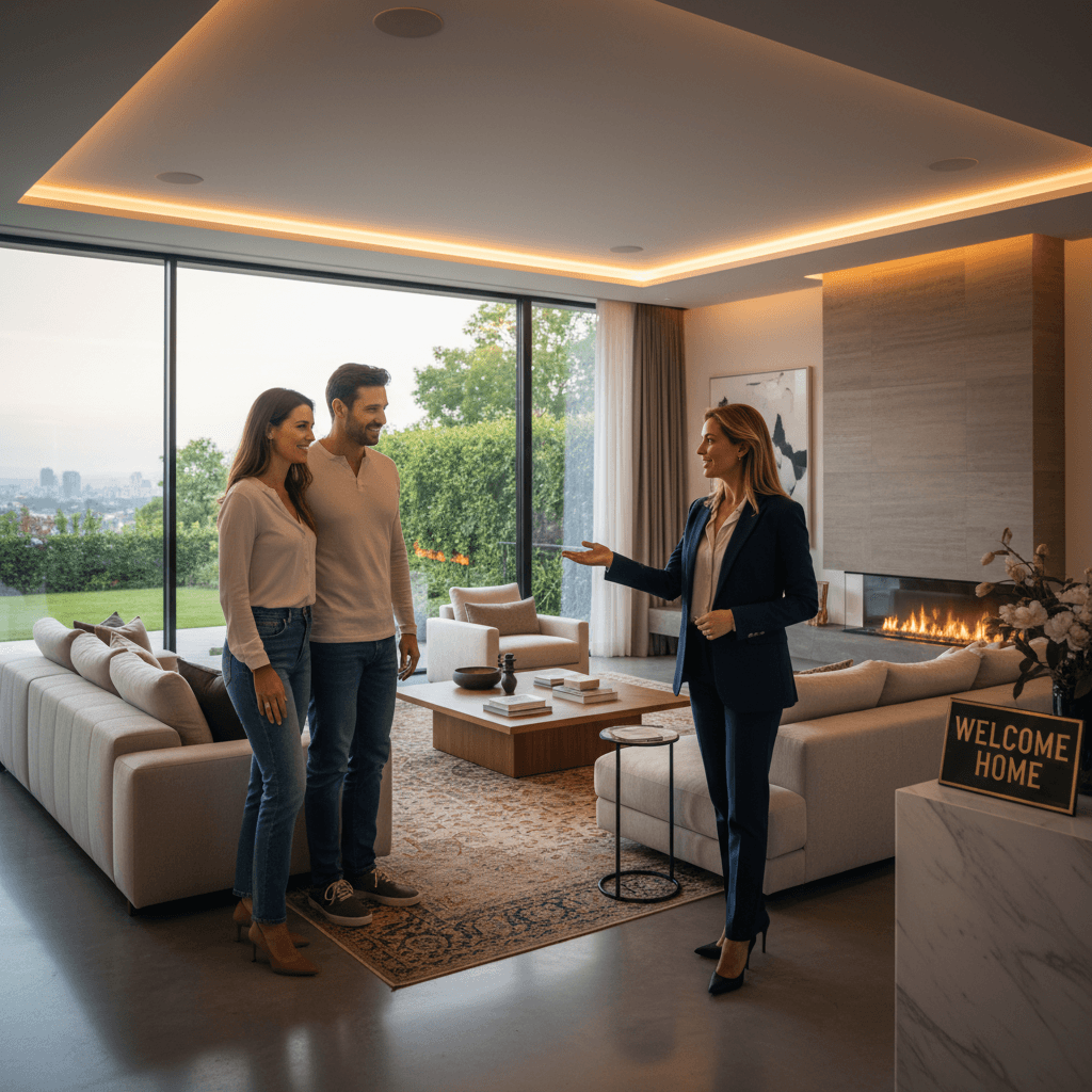 Real estate agent guiding buyers through home tour