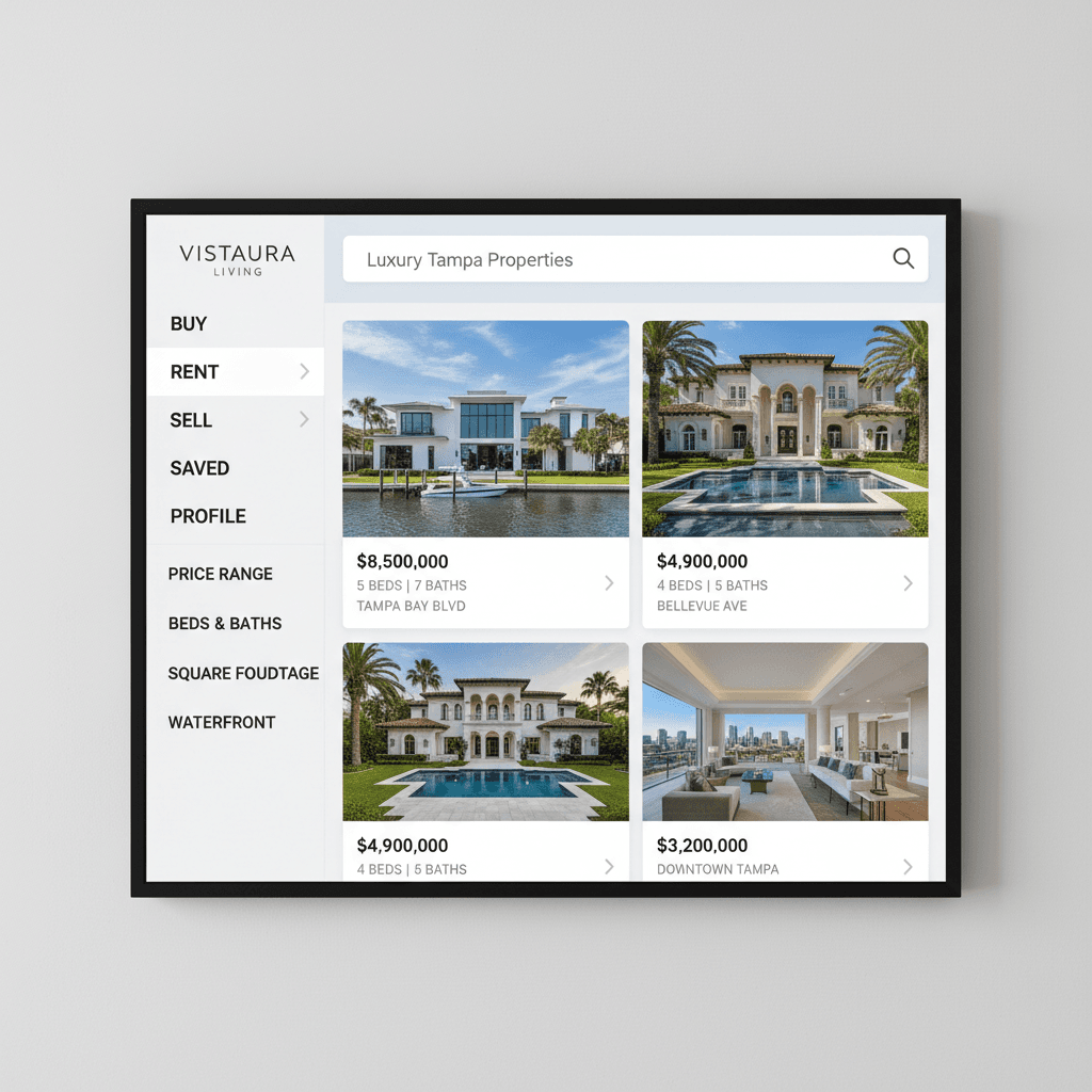 Luxury real estate search interface for Tampa properties with filters and property cards