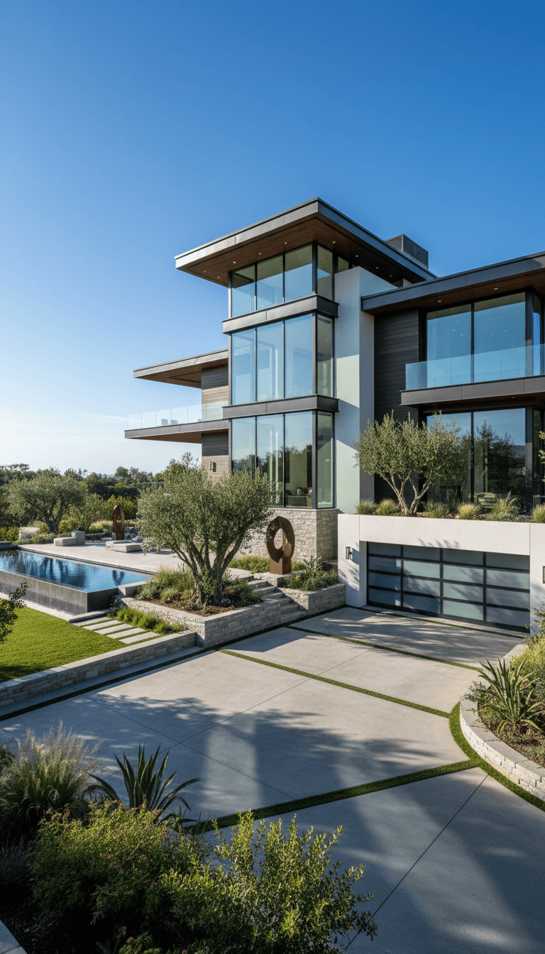 Modern luxury home exterior with landscaping and driveway in bright afternoon sunlight
