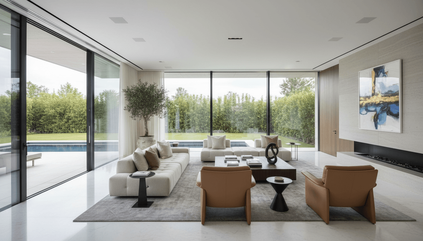 Modern luxury home interior with bright natural light and open concept living room