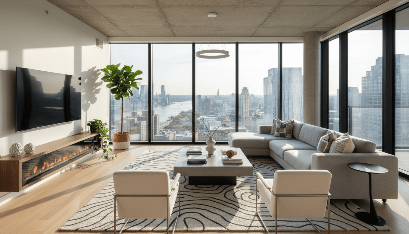 Bright modern apartment interior with contemporary furnishings and natural light from large windows