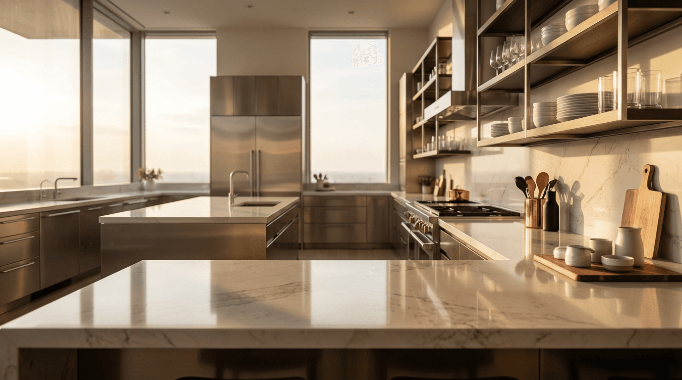Modern kitchen with white cabinets and granite island