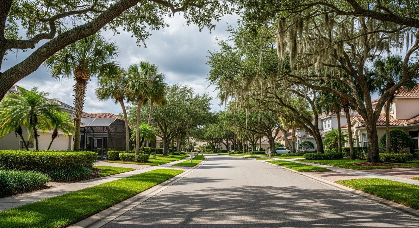 Quiet suburban street lined with palm trees and large oaks draped in Spanish moss.